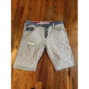 Smugglers Moon Mens Denim Shorts 42 Raw Hem Paint Distressed Unique